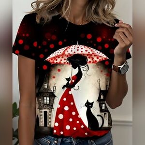 Black and Red Cat Graphic T-Shirt